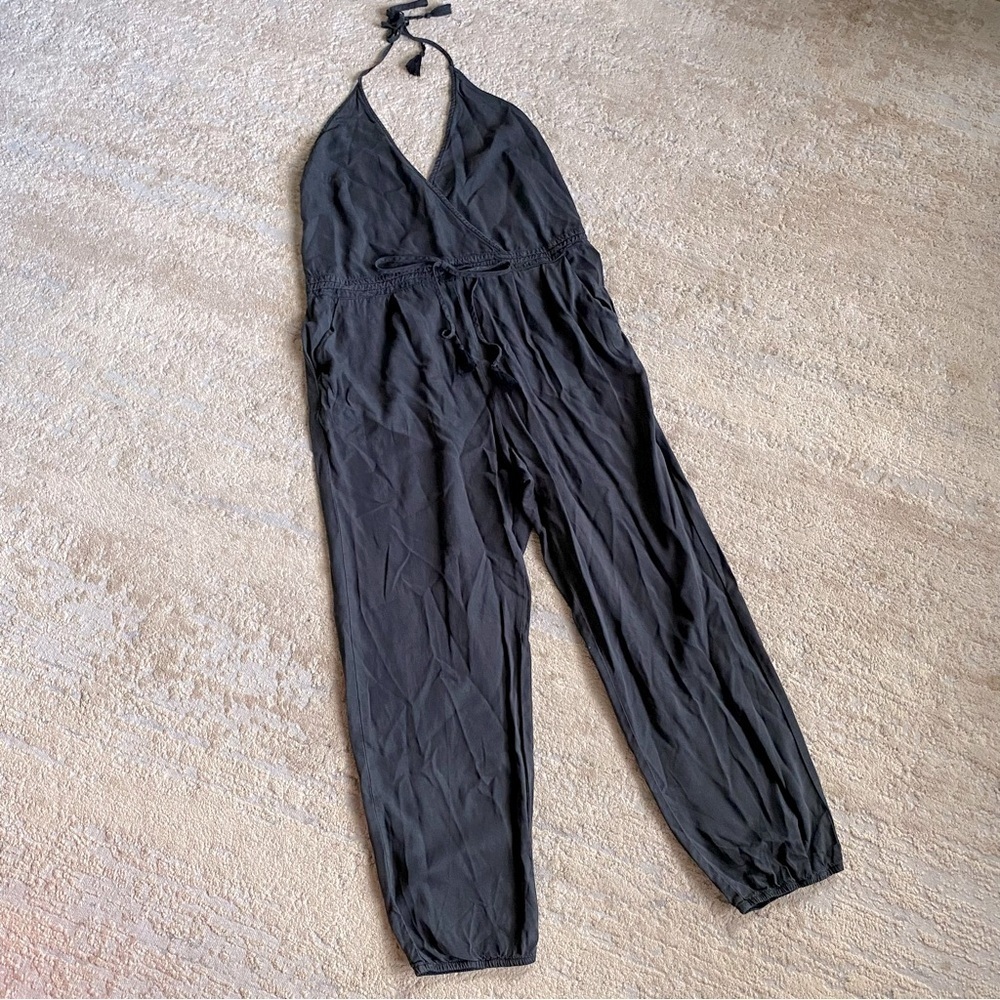 Lovestitch Black Tencel Jumpsuit Cuffed Leg Halter Neck Elasticated Waist: L